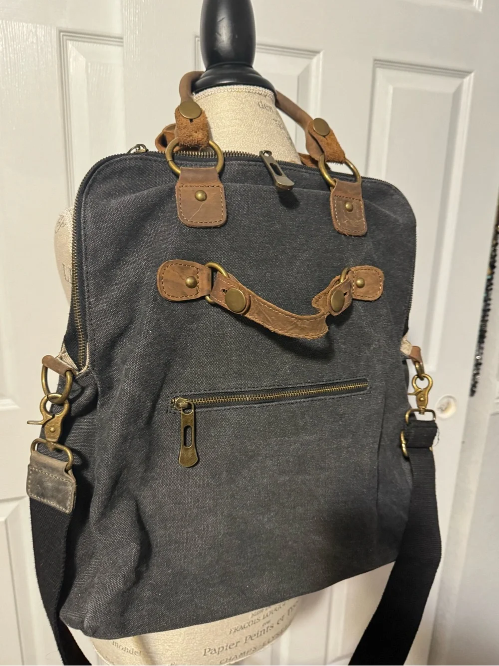 Canvas 3 in 1 Messenger Bag with Leather Trim - Navy Gray Heather Unisex